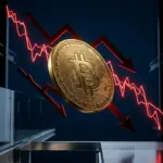 Bitcoin coin in dramatic downward trend with red arrows showing market pressure and price decline