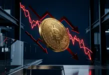 Bitcoin coin in dramatic downward trend with red arrows showing market pressure and price decline