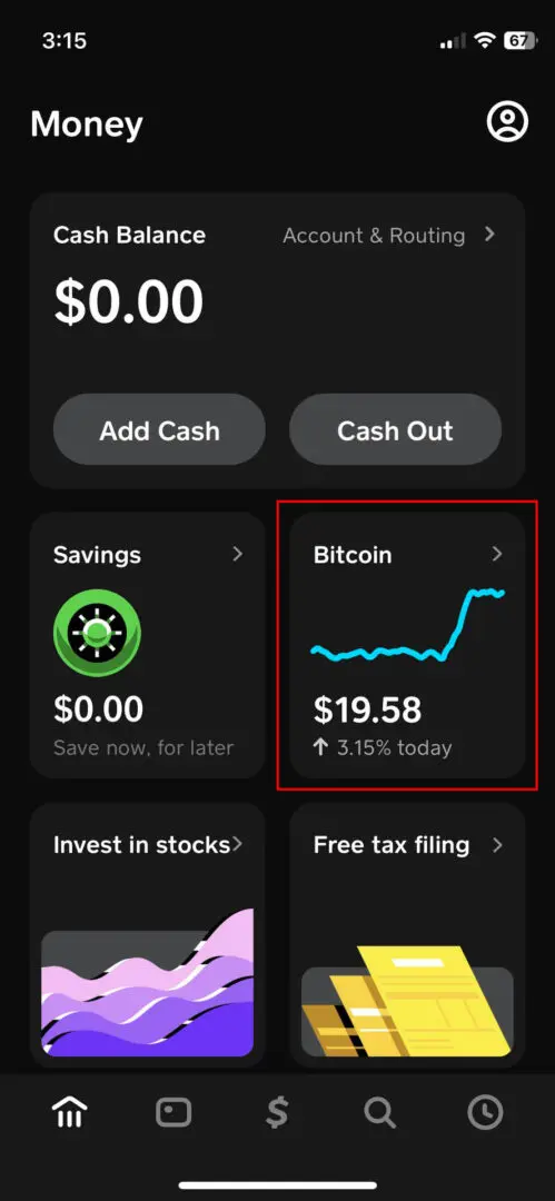 Bitcoin trading section of a mobile finance app showing price graph and balance.