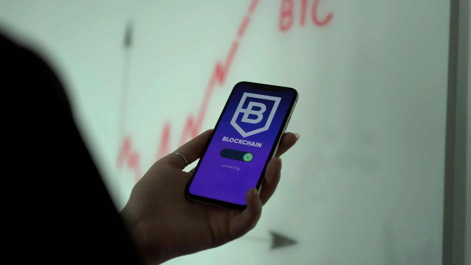 Person holding a smartphone displaying a blockchain wallet app interface.