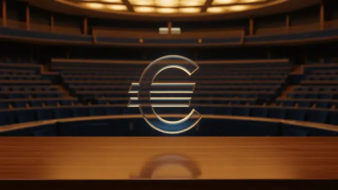 econ-digitaler-euro-votum-2029 European parliament chamber with holographic euro symbol representing digital euro legislation