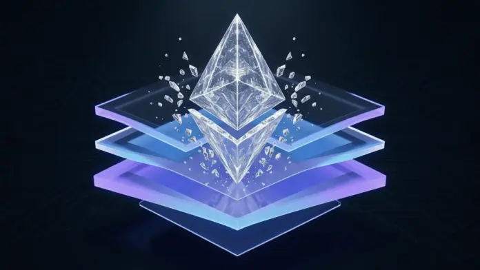 ethereum-foundation-umbau-budget-halbiert-ethlabs Ethereum crystal logo fragmenting into five geometric layers representing organizational restructuring
