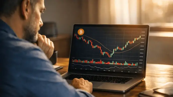 heise-umfrage-krypto-anleger-optimistisch-trotz-kursverlusten Crypto investor confidently analyzing Bitcoin market charts showing price recovery on laptop screen