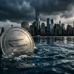 Solana cryptocurrency under institutional market pressure with financial district background