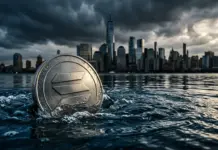 Solana cryptocurrency under institutional market pressure with financial district background