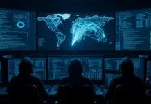 Nordkorea stiehlt 2 Mrd. USD in Krypto – G7 reagiert mit Appell Cybersecurity command center with hackers at computers displaying blockchain data and world map