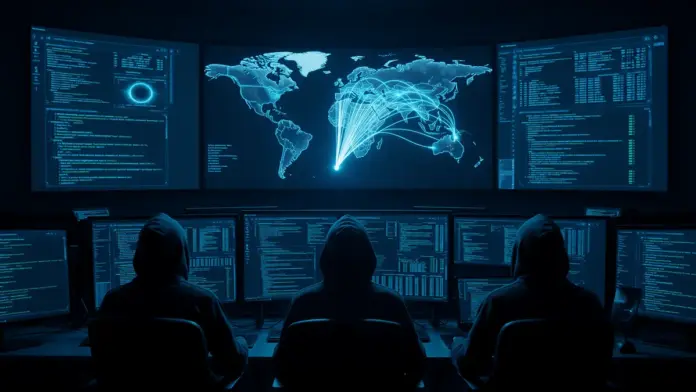 nordkorea-stiehlt-2-mrd-usd-krypto-g7-reagiert Cybersecurity command center with hackers at computers displaying blockchain data and world map