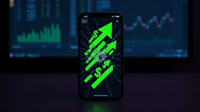 polymarket-fake-videos-scheingewinne-betrug Cracked smartphone showing glitching trading interface representing cryptocurrency fraud