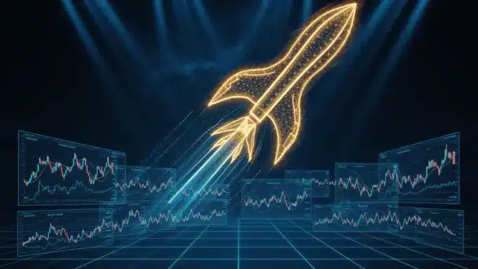 spacex-ipo-hyperliquid-handelssturm-defi Futuristic digital trading floor with holographic crypto charts and rocket ascending through blockchain nodes
