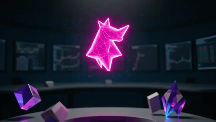 standard-chartered-uni-100-usd-2030-prognose Uniswap unicorn logo hologram with tokenized asset visualization in futuristic financial environment