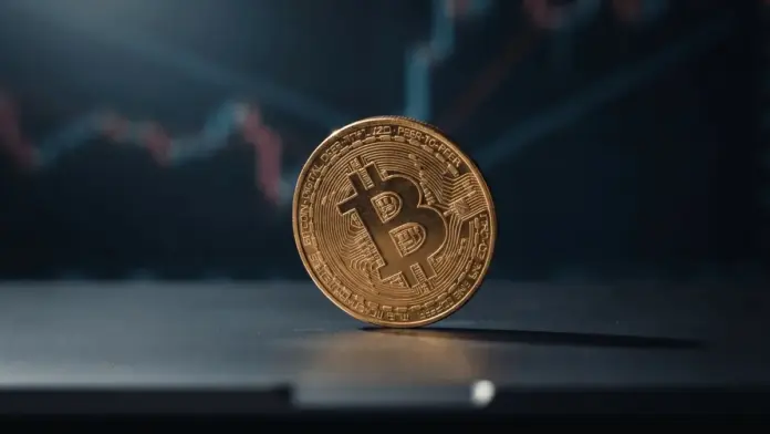 200er-ema-haelt-death-cross-coinbase-premium-bremsen-bitcoin Golden Bitcoin coin balanced on edge with technical chart patterns in background