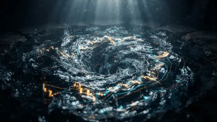 50-mio-usdt-swap-vernichtet-extreme-slippage-defi Dark liquid pool with turbulent waves and glowing DeFi trading charts reflecting extreme slippage visualization