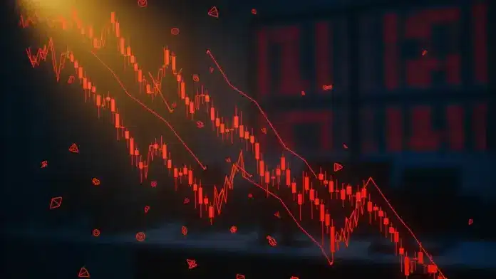 altcoin-markt-schlechteste-verfassung-zyklus Declining cryptocurrency charts with red candlesticks showing altcoin market crash and falling tokens