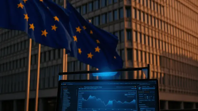 binance-verliert-eu-zulassung-mica-regulierung EU-Gebäude mit Flaggen symbolisiert MiCA-Regulierung für Kryptobörsen