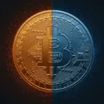 Bitcoin coin split in two halves with contrasting orange and blue lighting showing fork division