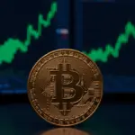 Bitcoin coin with rising price charts representing ambitious market targets and bullish momentum