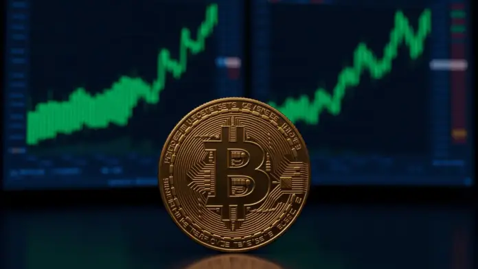 bitcoin-63836-bernstein-150000-dollar-ziel-druck Bitcoin coin with rising price charts representing ambitious market targets and bullish momentum