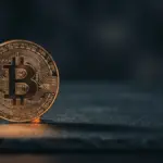 Bitcoin coin balanced at critical price level with dramatic lighting on dark surface