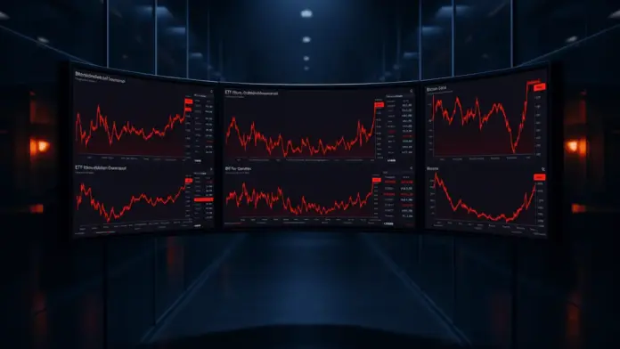 bitcoin-etf-einbruch-abfluesse-h1-2026 Modern financial trading floor with monitors showing Bitcoin ETF data trends in institutional setting