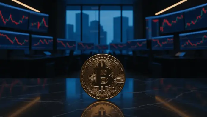 bitcoin-etfs-verlieren-4-5-mrd-dollar-makro-rotation-spacex Bitcoin coin on trading desk with red downward market charts showing ETF outflows and declining prices
