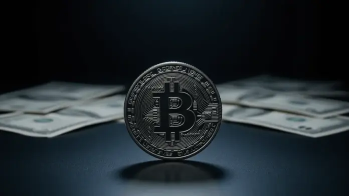 bitcoin-h2-2026-etf-abfluesse-warsh-fed-strategy-druck Physical Bitcoin coin on dark surface with U.S. dollar bills, dramatic lighting showing market pressure
