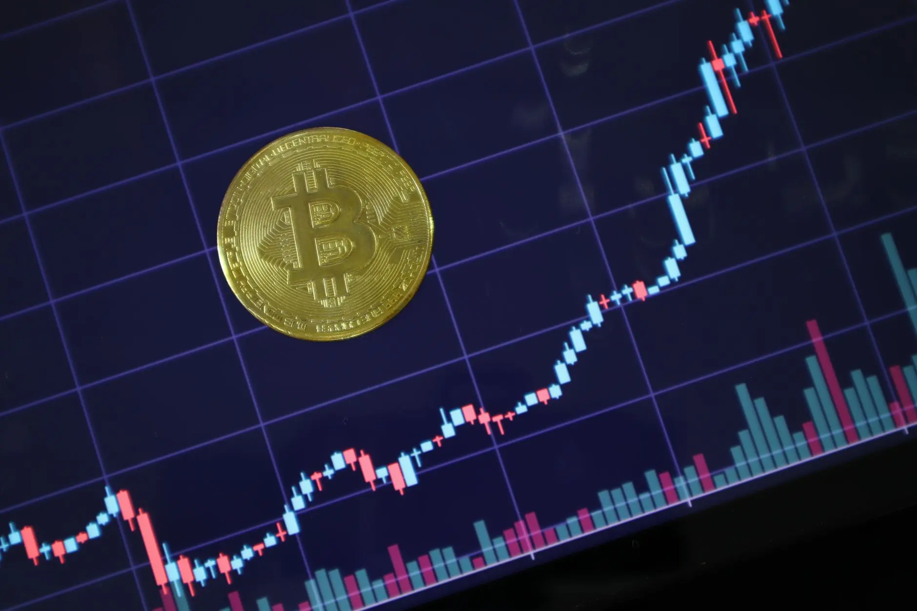 Bitcoin coin on a price chart showing a bull run trend.