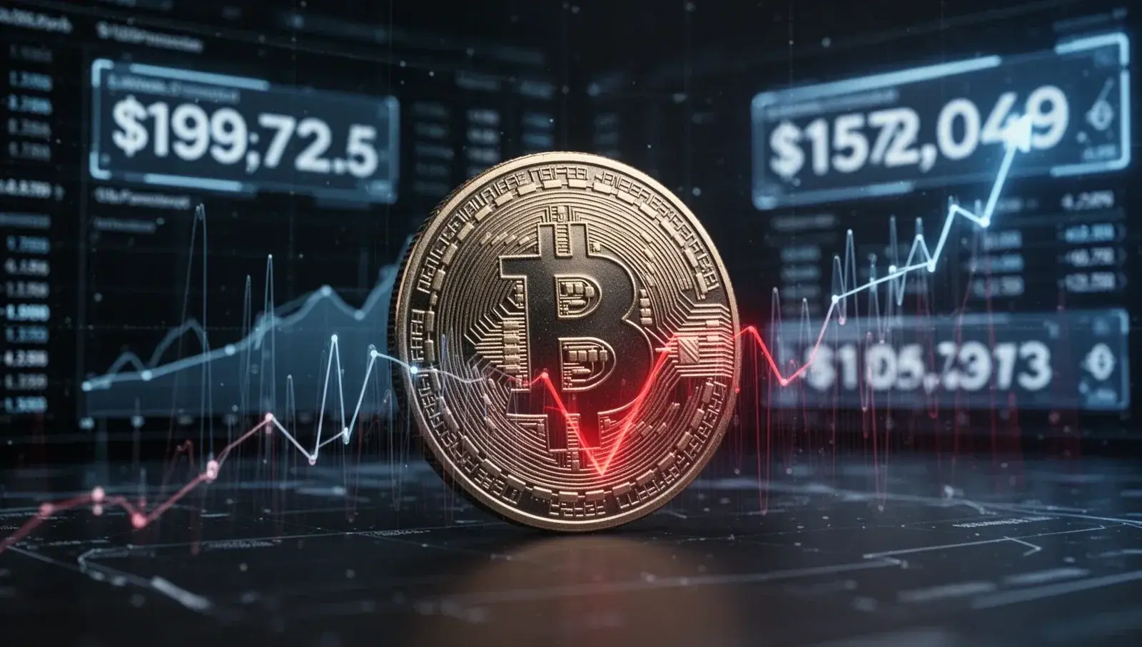A Bitcoin coin in front of a trading chart showing bearish trends.