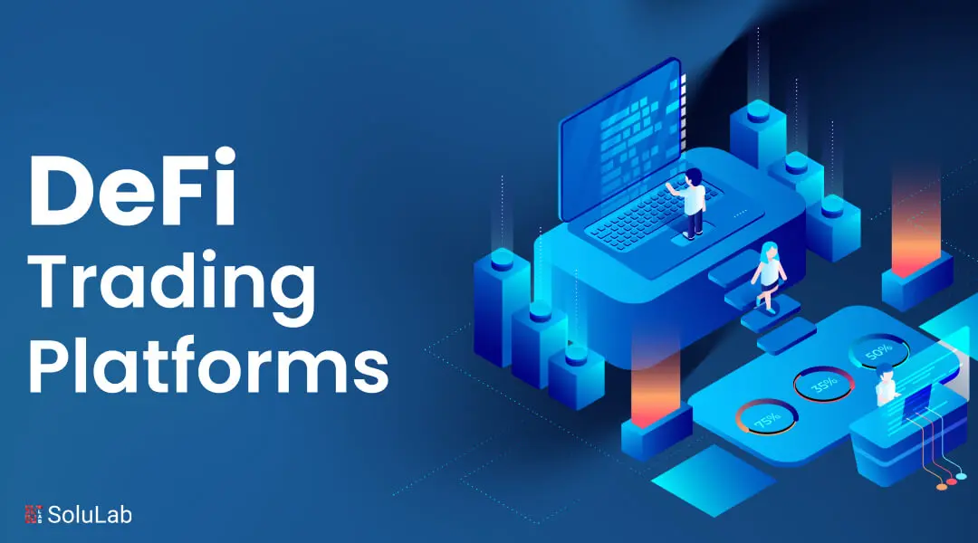 Illustration of DeFi trading platforms with users interacting with data and charts.