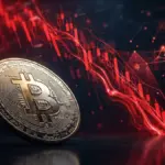 Bitcoin coin under pressure with dramatic red liquidation wave and downward price chart visualization