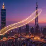 Dubai skyline and Taipei 101 connected by digital light streams at dusk