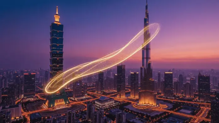dubai-50-vasp-lizenzen-taiwan-krypto-gesetz Dubai skyline and Taipei 101 connected by digital light streams at dusk