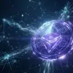 Ethereum blockchain staking network with glowing nodes and data streams