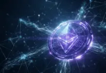 Ethereum blockchain staking network with glowing nodes and data streams