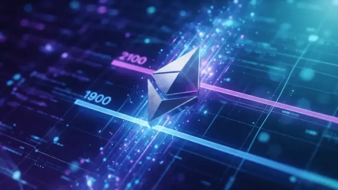 eth-klettert-auf-7-wochen-hoch-reicht-dynamik-fuer-2100 Ethereum symbol ascending through digital price levels with glowing blue and purple light streams