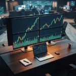 Bitcoin ETF trading floor with upward price charts and institutional investment displays