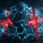 Digital blockchain fortress with glowing breach points representing cryptocurrency security exploits