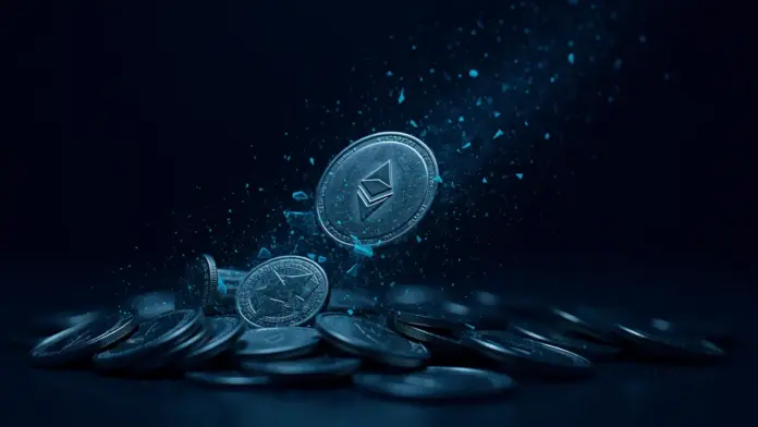 mev-backrun-2-millionen-dollar-vernichtet-defi-verlust Ethereum coins disintegrating into digital particles representing DeFi trading loss