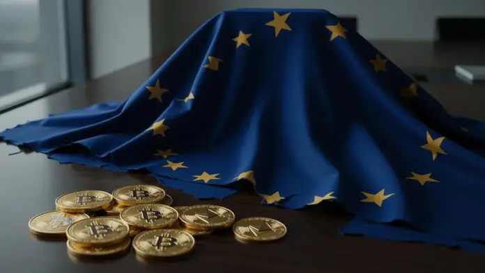 mica-umsetzung-binance-ceo-teng-eu-standards European Union flag partially fragmented with cryptocurrency coins on conference table