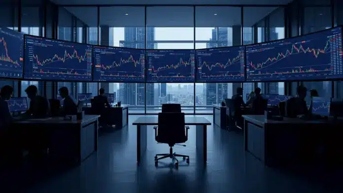 microstrategy-bitcoin-nachfrageluecke-institutionelle Institutional trading floor with Bitcoin charts showing market leadership transition