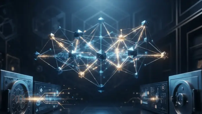 nexo-tangany-dlt-finance-micar-konform-ewr-betrieb Digital custody infrastructure with secure blockchain nodes and regulatory framework visualization