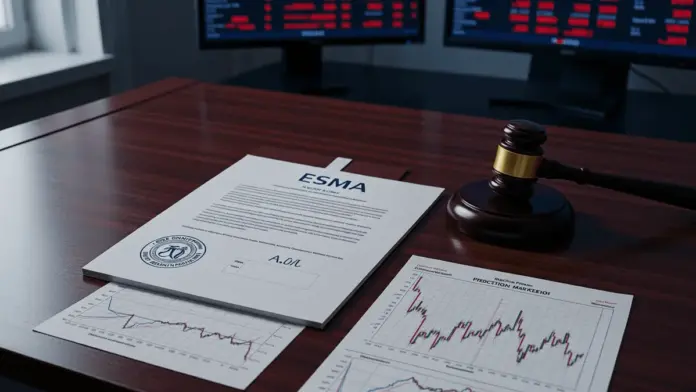 polymarket-kalshi-esma-event-contracts-binaeroptionen ESMA regulatory document on desk with financial charts and gavel for prediction market oversight