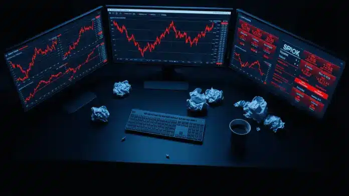 polymarket-trader-verliert-millionen-wm-wetten Dark trading desk with glowing monitors showing cryptocurrency losses and betting charts