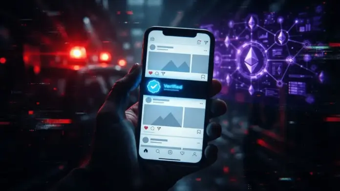 scatman-scam-125000-dollar-gewinn-kompromittierte-accounts Compromised social media account on smartphone with warning lights and cryptocurrency symbols