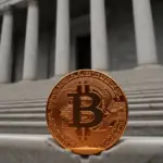 Bitcoin coin wedged on government building steps symbolizing bureaucratic deadlock