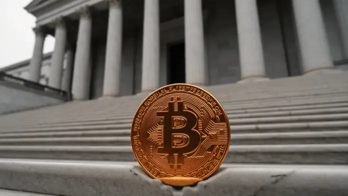 trumps-bitcoin-reserve-steckt-fest Bitcoin coin wedged on government building steps symbolizing bureaucratic deadlock