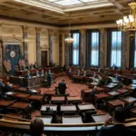 US Senate chamber interior showing legislative floor and ornate architecture