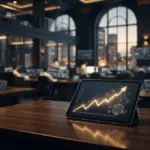 Modern financial trading environment with golden Bitcoin trend visualization