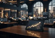 Modern financial trading environment with golden Bitcoin trend visualization