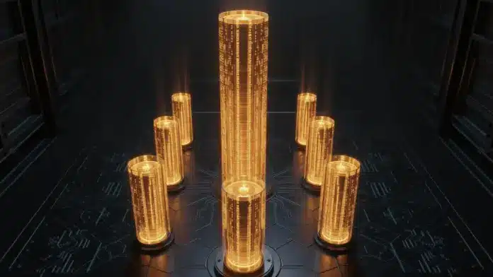 wer-kontrolliert-6-72-prozent-aller-bitcoin-12-wallets Twelve glowing pillars in digital vault representing Bitcoin wallet concentration and blockchain data