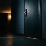 Darkened apartment doorway with dramatic lighting symbolizing home security threats